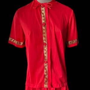 EUC Vintage Red with Gold decoration Button Front Lounge Top Women's Size Small